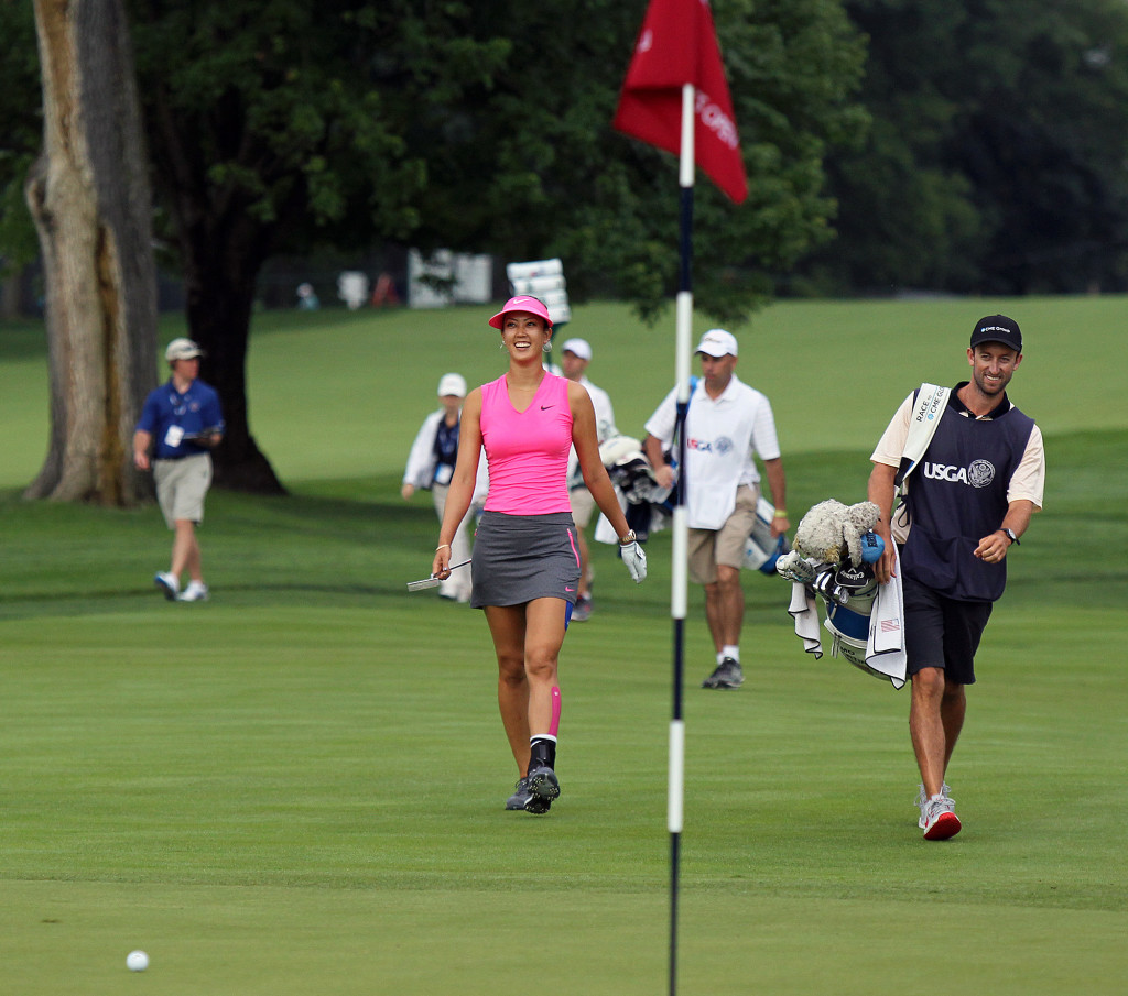Michelle Wie, is all smiles as she walks up onto the 1st green, during first day action of the 70th US Women's Open at Lancaster Country Club Thursday July 9, 2015. (Photo/Chris Knight)