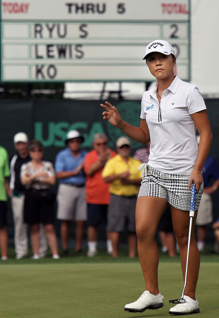 Lydia Ko, acknowledges the crowd after sinking a birdie putt on the 6th hole, during first day action of the 70th US Women's Open at Lancaster Country Club Thursday July 9, 2015. (Photo/Chris Knight)