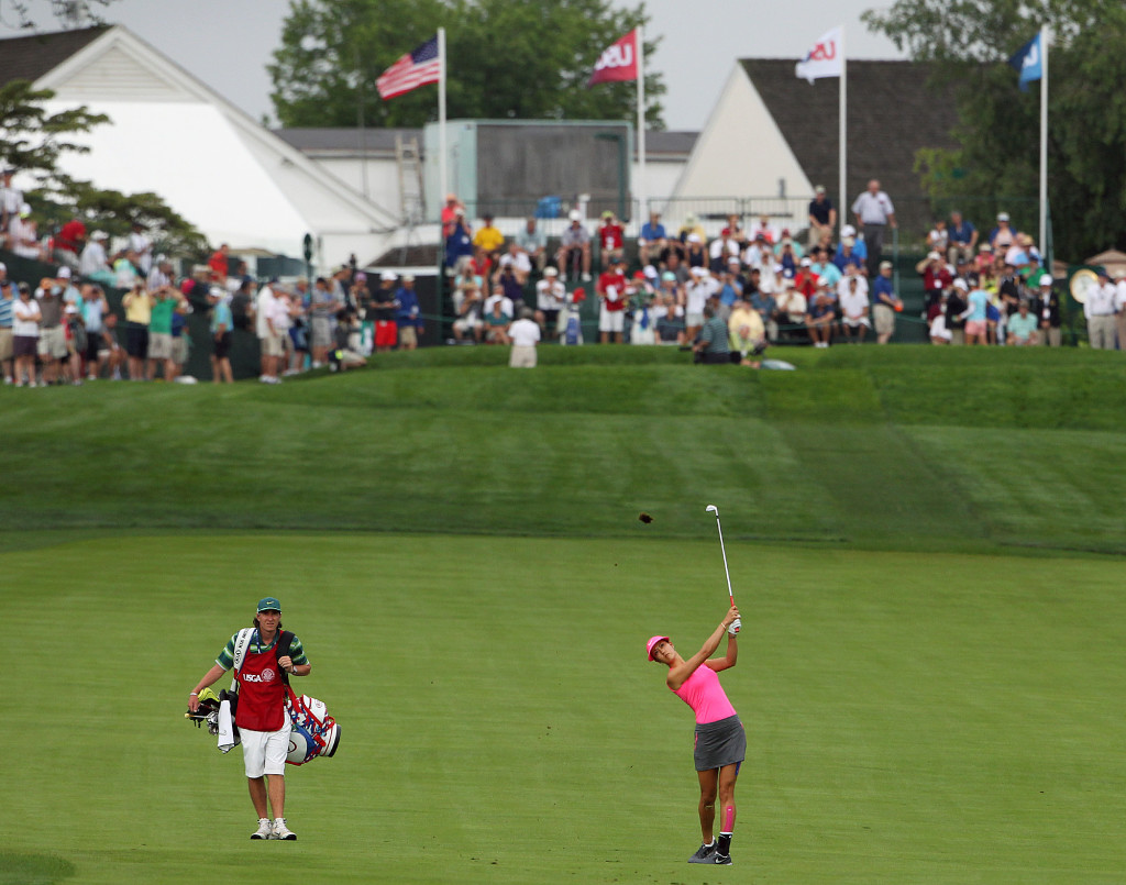 Michelle Wie, hits her approach shot on the 1st hole, during first day action of the 70th US Women's Open at Lancaster Country Club Thursday July 9, 2015. (Photo/Chris Knight)