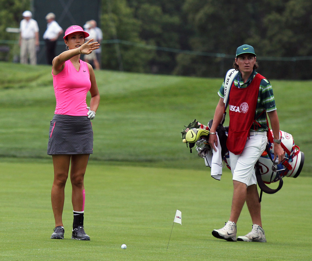 Michelle Wie, motions to the fans asking them to move out of the way, as her tee shot from the 2nd hole flew onto the 9th fairway, during first day action of the 70th US Women's Open at Lancaster Country Club Thursday July 9, 2015. (Photo/Chris Knight)
