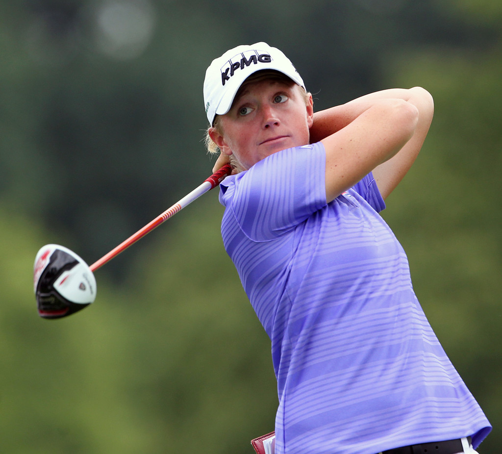 Stacy Lewis, tees off on the 9th hole, during first day action of the 70th US Women's Open at Lancaster Country Club Thursday July 9, 2015. (Photo/Chris Knight)