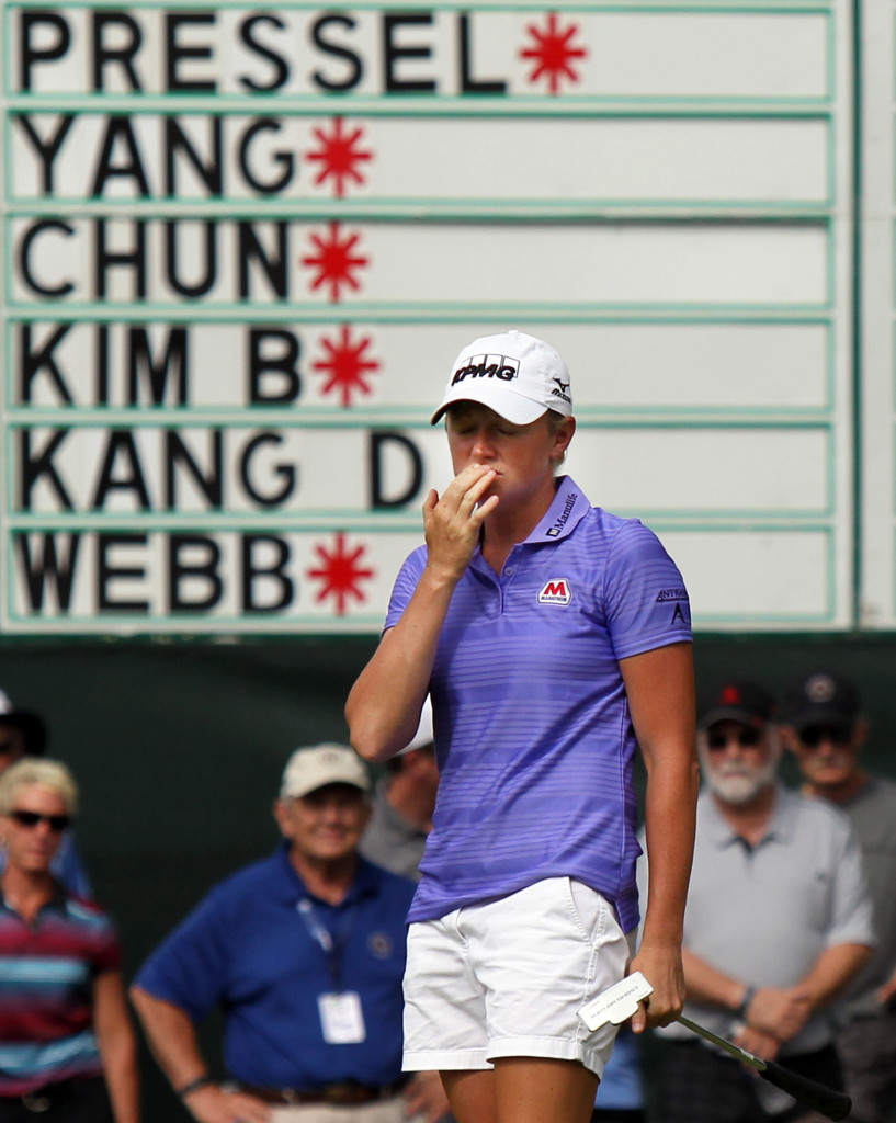 Stacy Lewis, reacts after missing a putt on the 6th hole, during first day action of the 70th US Women's Open at Lancaster Country Club Thursday July 9, 2015. (Photo/Chris Knight)