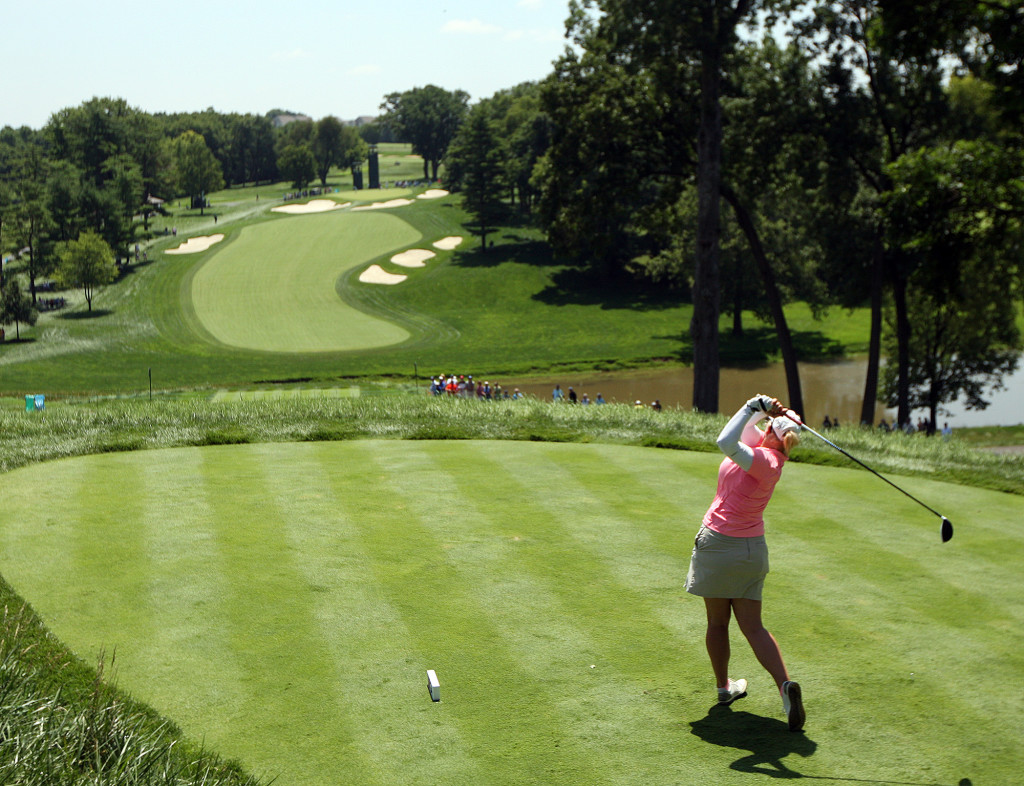 Line Vedel, tees off on the 3rd hole, during second day action of the 70th US Women's Open at Lancaster Country Club Friday July 10, 2015. (Photo/Chris Knight)