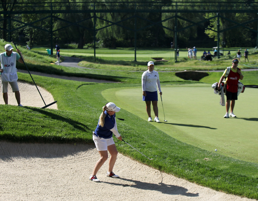 Brittany Lincicome, hits out of the bunker on the 12th hole, during second day action of the 70th US Women's Open at Lancaster Country Club Friday July 10, 2015. (Photo/Chris Knight)