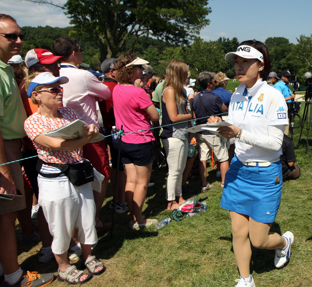 Shiho Oyama, walks to the 9th tee box after a birdie on 8, during third day action of the 70th US Women's Open at Lancaster Country Club Saturday July 11, 2015. (Photo/Chris Knight)