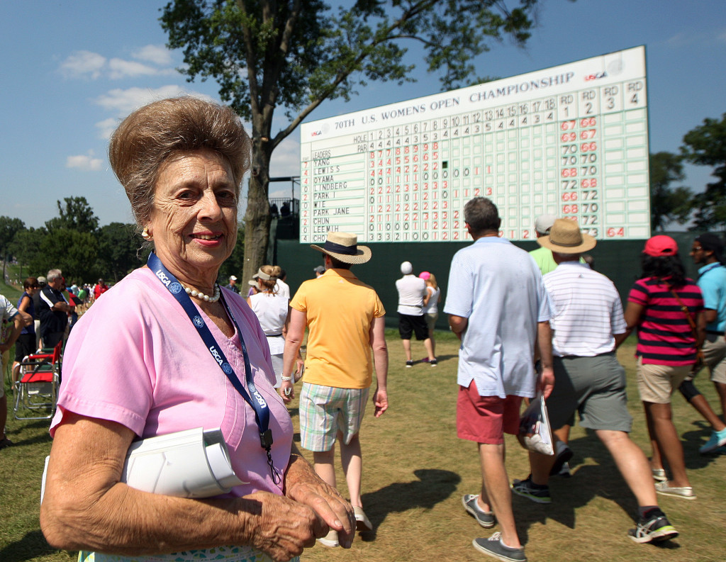 Ms. Peggy Steinman, takes in the action at the 18th hole, during third day action of the 70th US Women's Open at Lancaster Country Club Saturday July 11, 2015. (Photo/Chris Knight)
