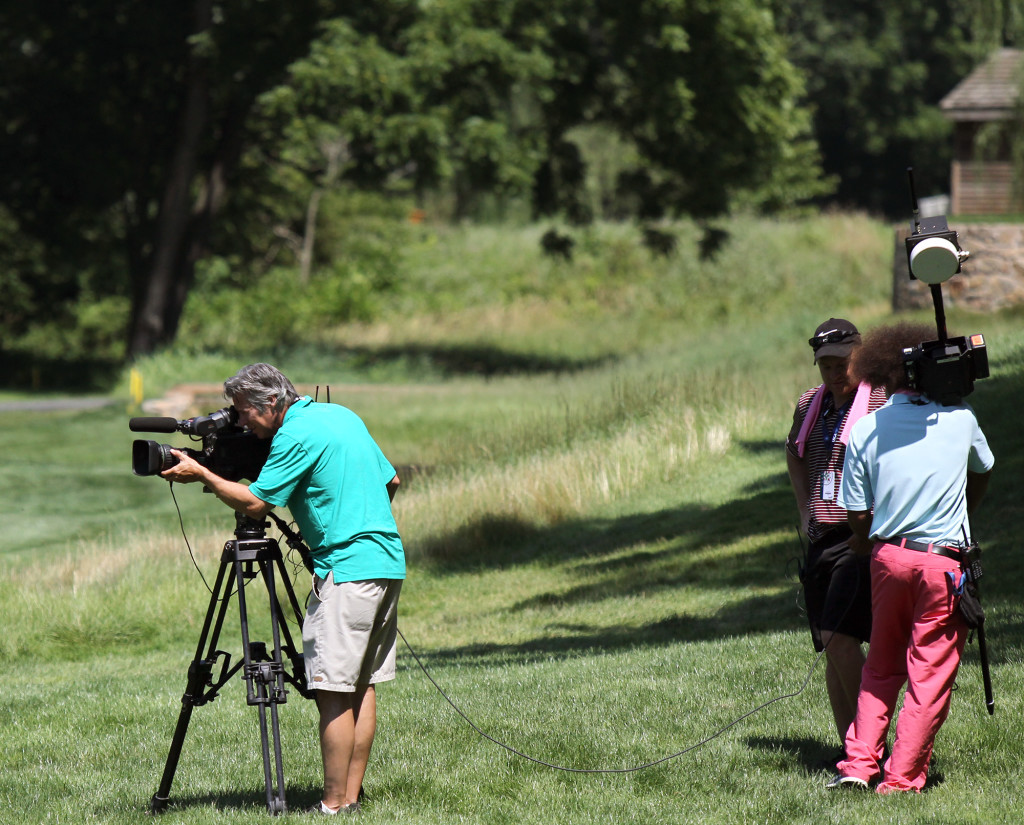 A Fox Sports camera crew on the 4th hole, during third day action of the 70th US Women's Open at Lancaster Country Club Saturday July 11, 2015. (Photo/Chris Knight)