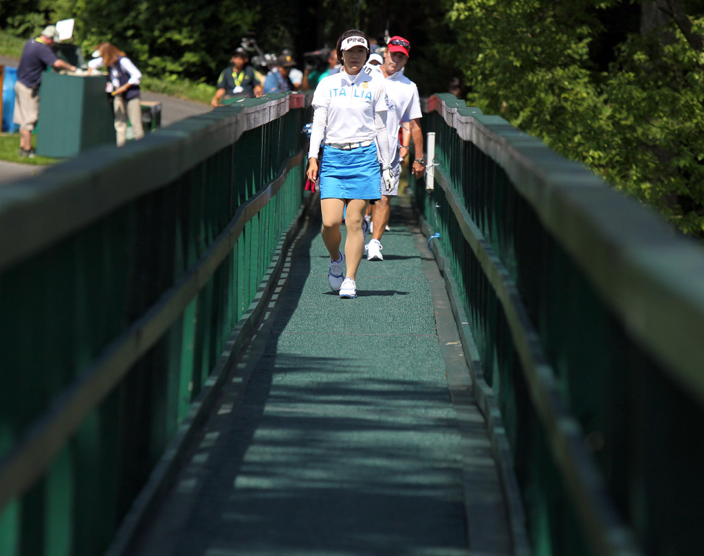 Shiho Oyama, crosses the bridge after teeing off on the 8th hole, during third day action of the 70th US Women's Open at Lancaster Country Club Saturday July 11, 2015. (Photo/Chris Knight)