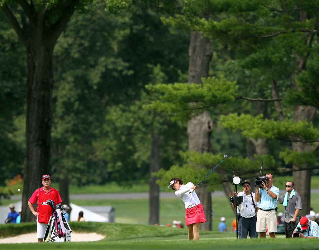 Shiho Oyama, hits out of the rough on the 9th fairway, during final day action of the 70th US Women's Open at Lancaster Country Club Sunday July 12, 2015. (Photo/Chris Knight)