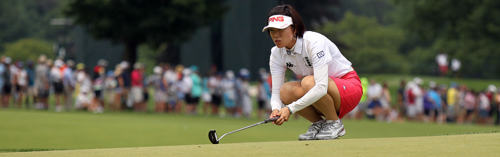 Shiho Oyama, eyes up a putt on the 2nd hole, during final day action of the 70th US Women's Open at Lancaster Country Club Sunday July 12, 2015. (Photo/Chris Knight)