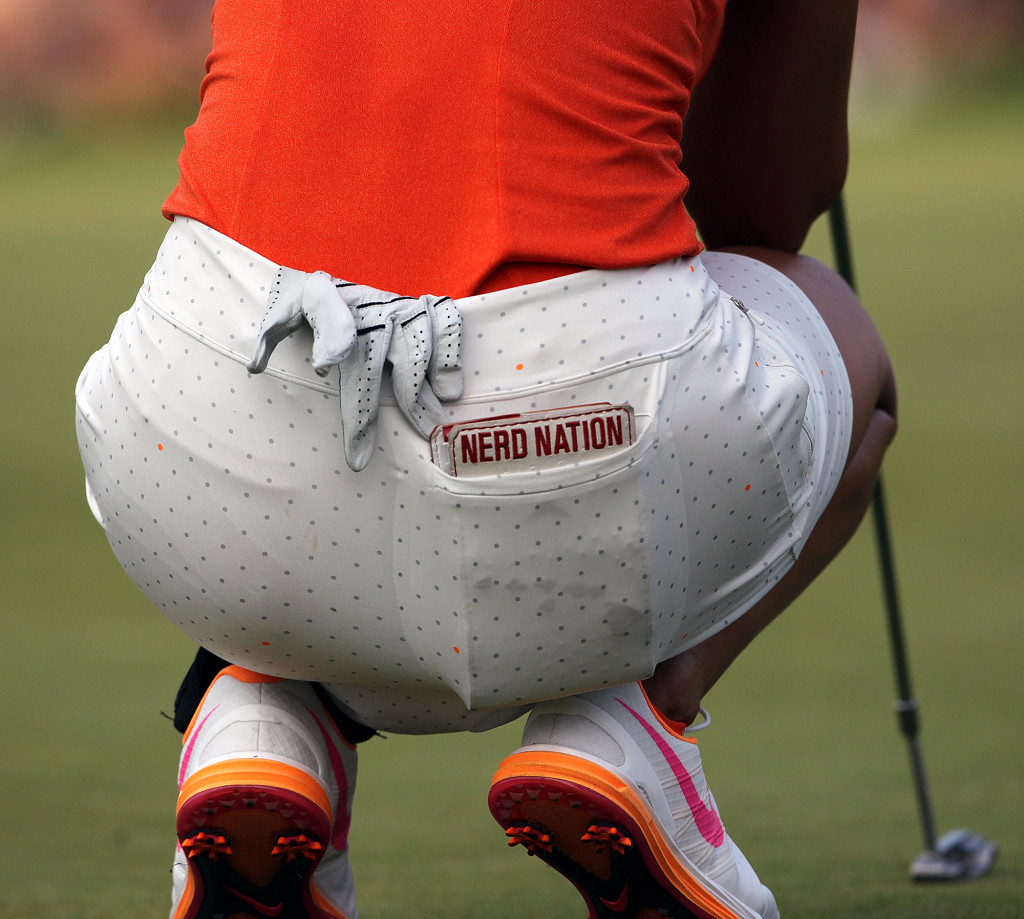 Stanford University alumni Michelle Wie, sports her Nerd Nation notebook on the 18th green, during final day action of the 70th US Women's Open at Lancaster Country Club Sunday July 12, 2015. Nerd Nation, is what Stanford athletes call their school. (Photo/Chris Knight)