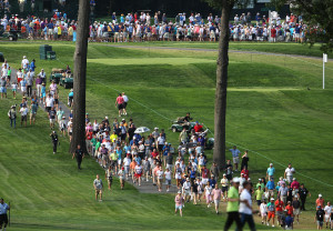 Fans follow the leader down the 18th fairway, during final day action of the 70th US Women's Open at Lancaster Country Club Sunday July 12, 2015. (Photo/Chris Knight)