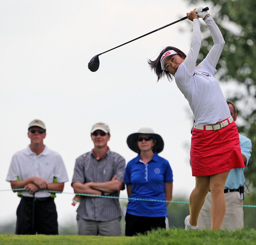 Shiho Oyama, tees off on the 4th hole, during final day action of the 70th US Women's Open at Lancaster Country Club Sunday July 12, 2015. (Photo/Chris Knight)
