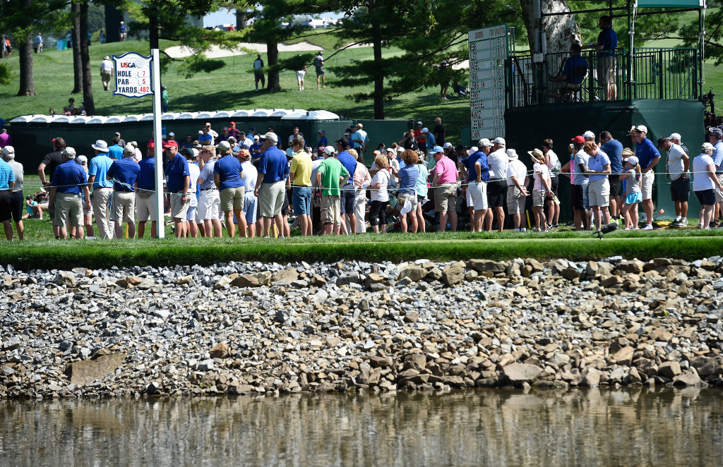With the Conestoga River as a scene setter, crowds gather to watch the action on the sixth green during the second round of the US Women's Open at Lancaster Country Club on Friday, July 10, 2015. (Photo/Suzette Wenger)
