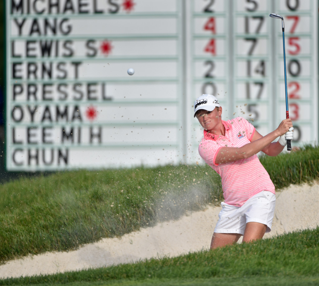 Stacy Lewis hits her shot from a greenside bunker on the eighth hole during the second round of the US Women's Open at Lancaster Country Club on Friday, July 10, 2015. (Photo/Suzette Wenger)