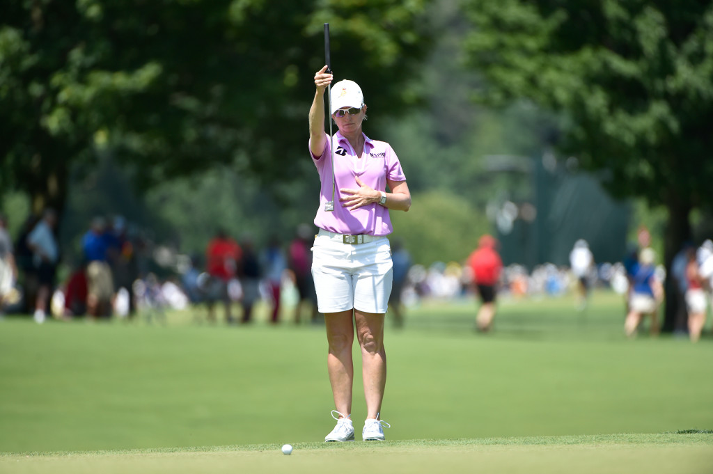 Karrie Webb plumb bobs her putt on the second hole during the second round of the US Women's Open at Lancaster Country Club on Friday, July 10, 2015. (Photo/Suzette Wenger)