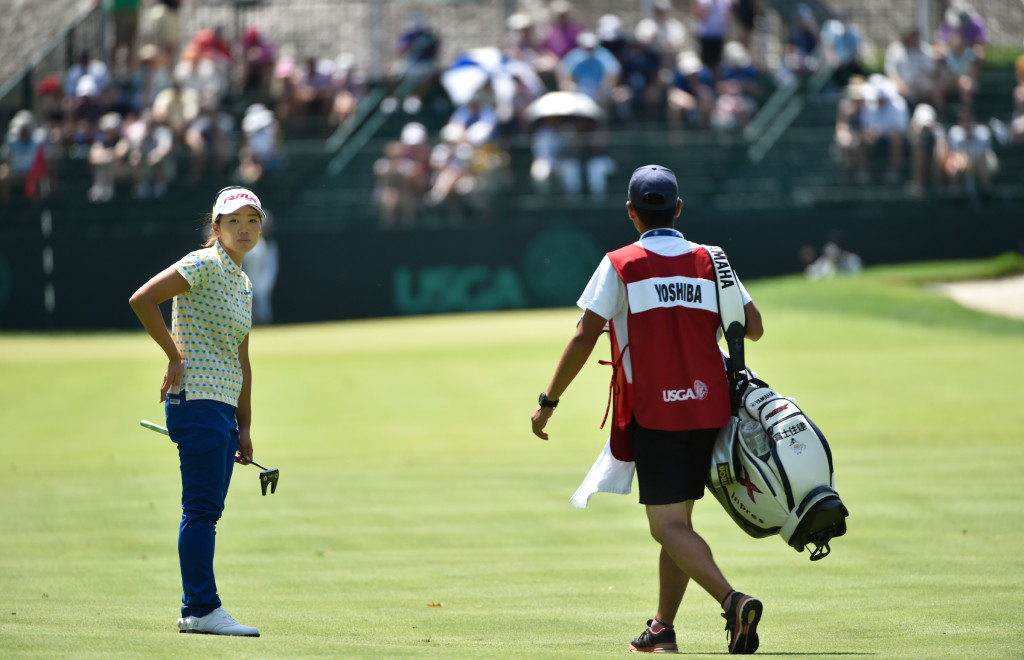 Rumi Yoshiba waits for her caddie as they approach nine green during the second round of the US Women's Open at Lancaster Country Club on Friday, July 10, 2015. (Photo/Suzette Wenger)