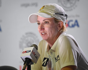 Karrie Webb talks during a press conference following four under par finish in the first round of the 2015 U.S. Open at Lancaster Country Club Thursday.