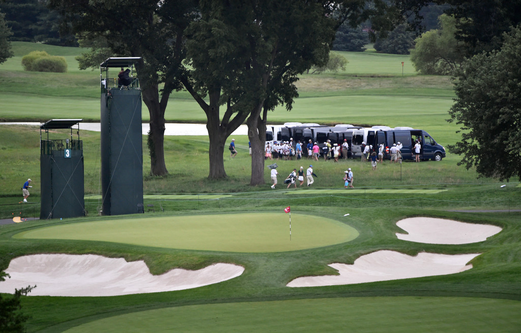 Behind the third hole is a staging area where players were taken off the course due to impending weather during the opening round of the US Women's Open at Lancaster Country Club on Thursday, July 9, 2015.