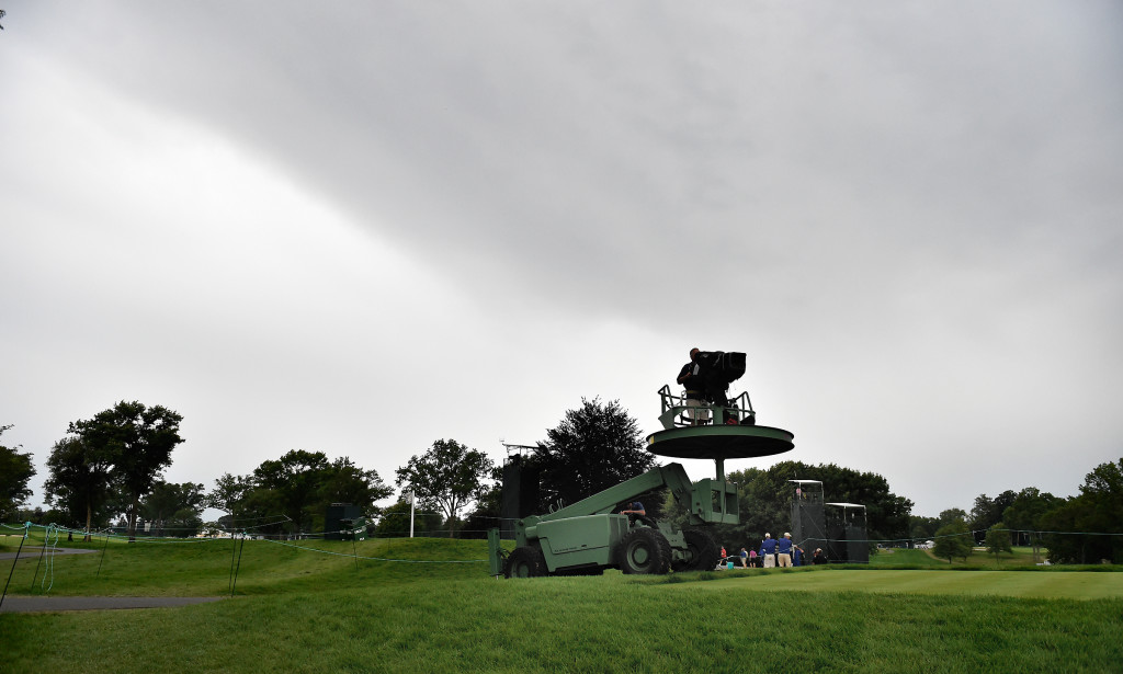 A portable TV platform was taken down due to impending weather during the opening round of the US Women's Open at Lancaster Country Club on Thursday, July 9, 2015.