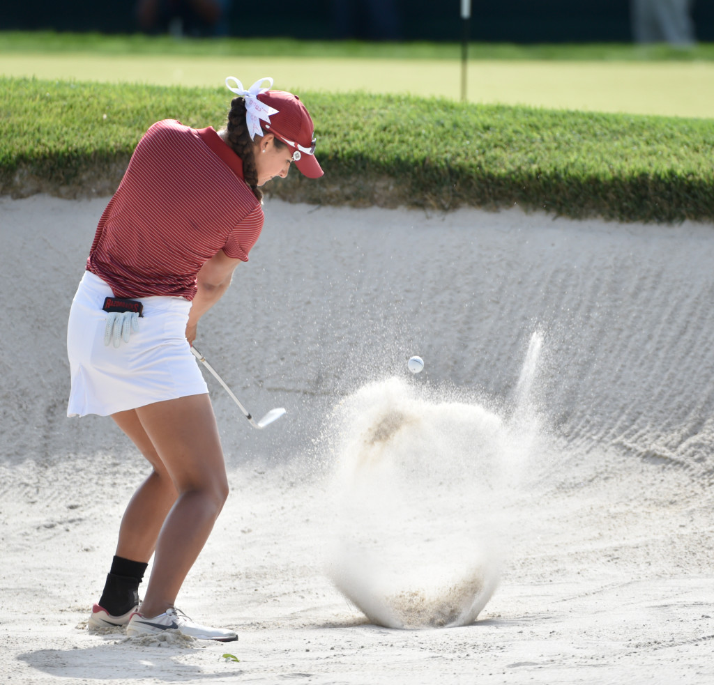 Amateur Regina Plasencia, splashes out of a greenside bunker at nine green during the opening round of the US Women's Open at Lancaster Country Club on Thursday, July 9, 2015. (Photo/Suzette Wenger)