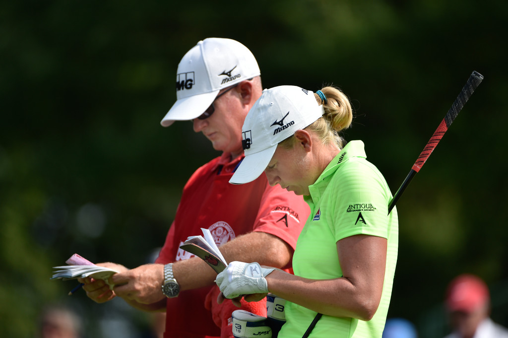 Travis Wilson and Stacy Lewis work on yardage on the 12th tee during the final round of the US Women's Open at Lancaster Country Club on Sunday, July 12, 2015. (Photo/Suzette Wenger)