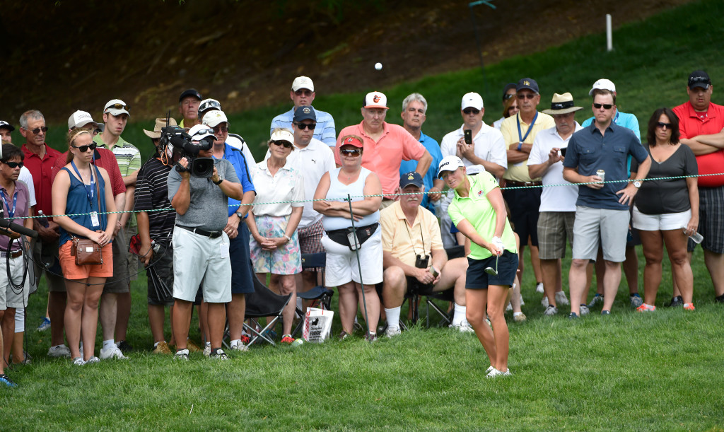 Stacy Lewis hits her pitch shot to the fifth green after landing her second shot into Stauffer Run, during the final round of the US Women's Open at Lancaster Country Club on Sunday, July 12, 2015. (Photo/Suzette Wenger)