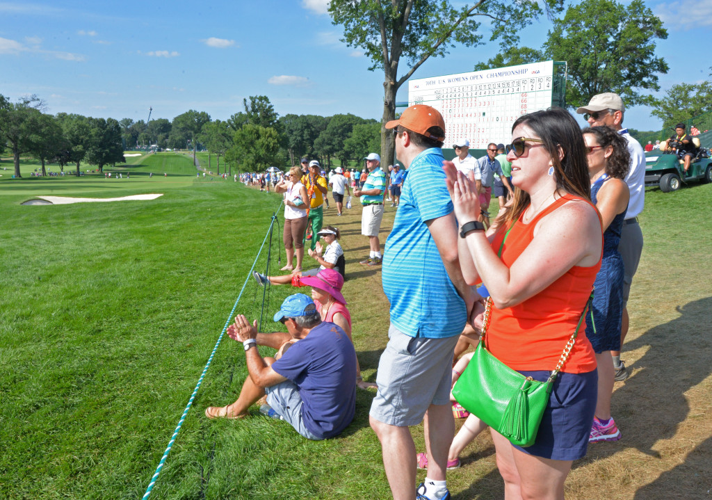 Fans watch the action on the #18 green at Lancaster Country Club during the second round of the 2015 U.S. Women's Open Friday.  (Photo/Blaine Shahan)