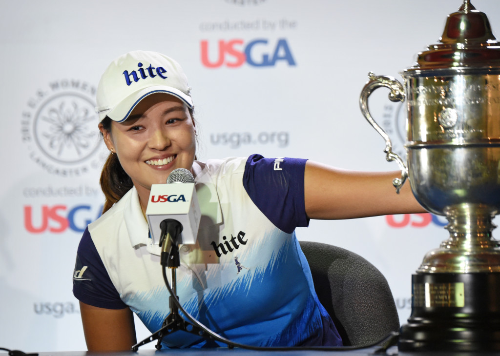 In Gee Chun talks through an interpreter in a press conference after winning the 2015 U.S. Open at Lancaster Country Club Sunday.  (Photo/Blaine Shahan)