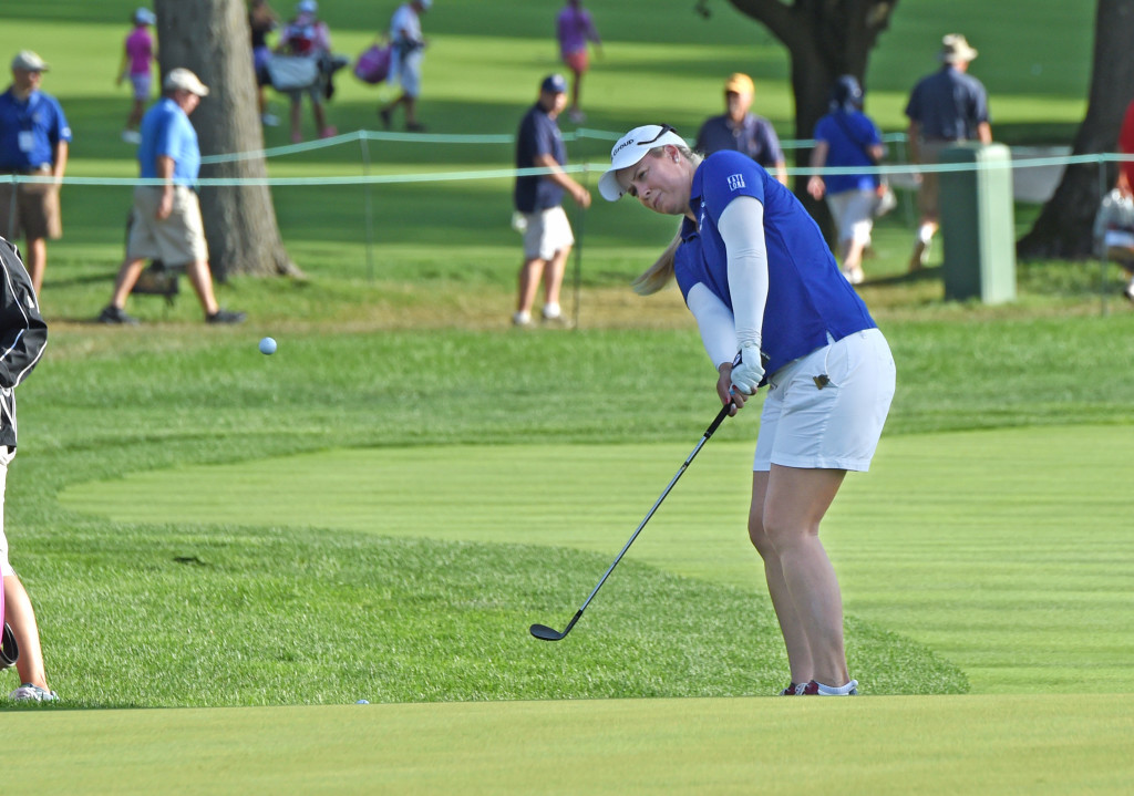 Brittan Lincicome chips on 18 as she finishes her first round of the 2015 U.S. Women's Open at Lancaster Country Club Friday morning.  Lincicome finished her first round Friday morning after severe weather forces play to be suspended Thursday afternoon.  (Photo/Blaine Shahan)