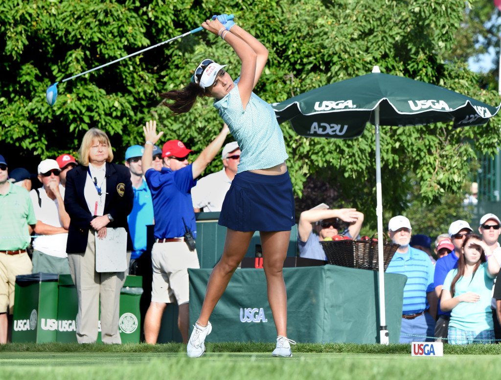 Lexi Thompson tees off from #1 at Lancaster Country Club Friday morning to start her second round of th2015 U.S. Women's Open.