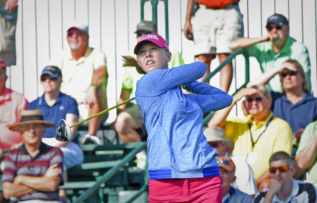 Jessica Korda tees off at hole #1 at Lancaster Country Club to start her second round in the 2015 U.S. Women's Open Friday morning.  (Photo/Blaine Shahan)