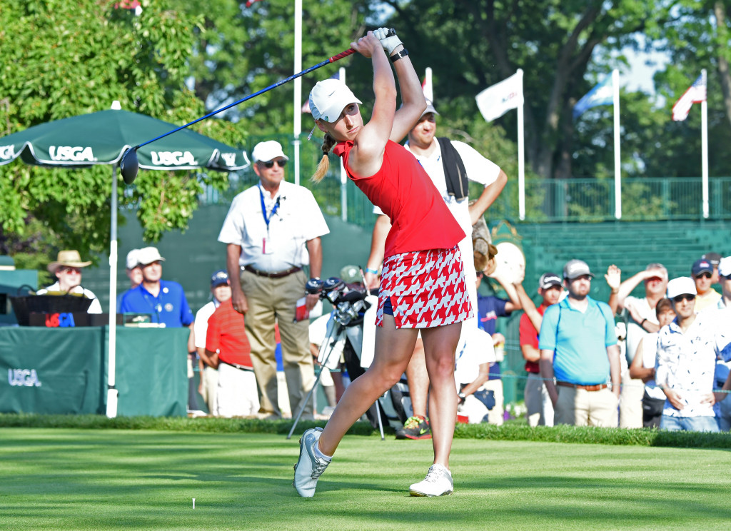 Lancaster Country Club's Alli Weaver tees off at hole #1 at the start of Round 3 of the 2015 U.S. Open Saturday morning.  Weaver is the "Marker" who is playing along with Haruka Morita-Wanyaolu who is unpaird for this rond of the tournament.  (Photo/Blaine Shahan)