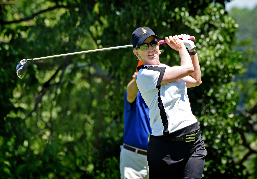 Karrie Webb tees off on hole #2 at Lancaster Country Club in Round 3 of the 2013 U.S. Women's Open Saturday. (Photo/Blaine Shahan)