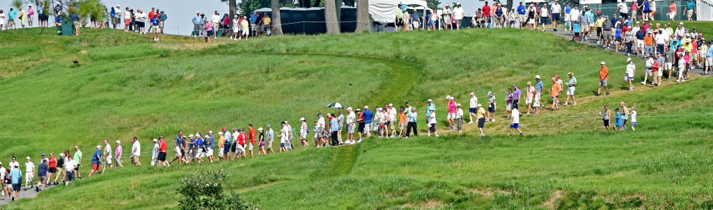 Spectators make their way down the hill to the Conestoga River from #3 at Lancaster Country Club in Round 4 of the 2015 U.S. Women's Open Sunday.  (Photo/Blaine Shahan)