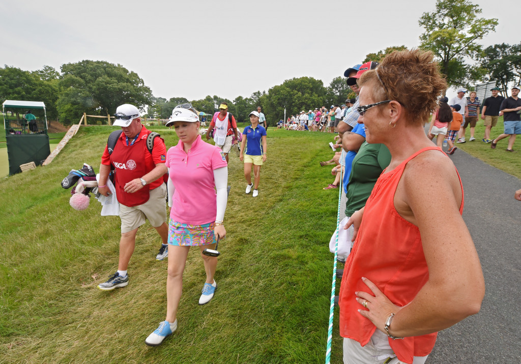 Morgan Reese, of Hershey, right, watches Morgan Pressel as she makes her way from the #6 tee at Lancaster Country Club on Round 4 of the U.S. Women's open Sunday. (Photo/Blaine Shahan)