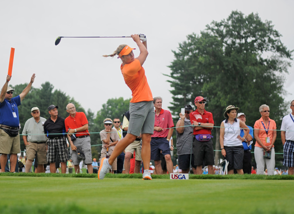 Suzann Pettersen tees off on 15 in the first round of the 2015 Women's Open at Lancaster Country Club Thursday.