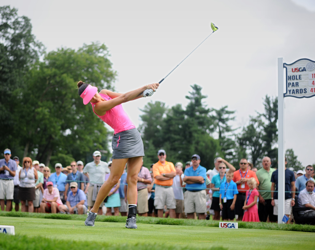 Michelle Wie tees off on the eleventh hole at Lancaster Country Club during the first round of the 2015 U.S. Open Thursday. (Photo/Patrick Blain)