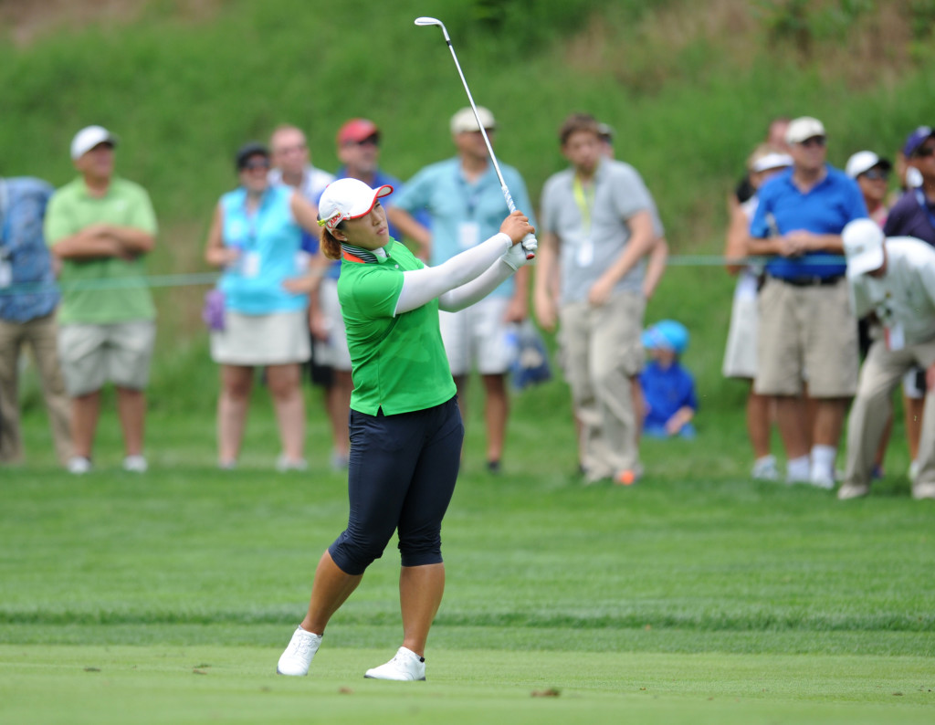 Amy Yang watchers her shot on seven at Lancaster Country Club in the first round of the 2015 U.S. Open Thursday.  (Photo/Blaine Shahan)