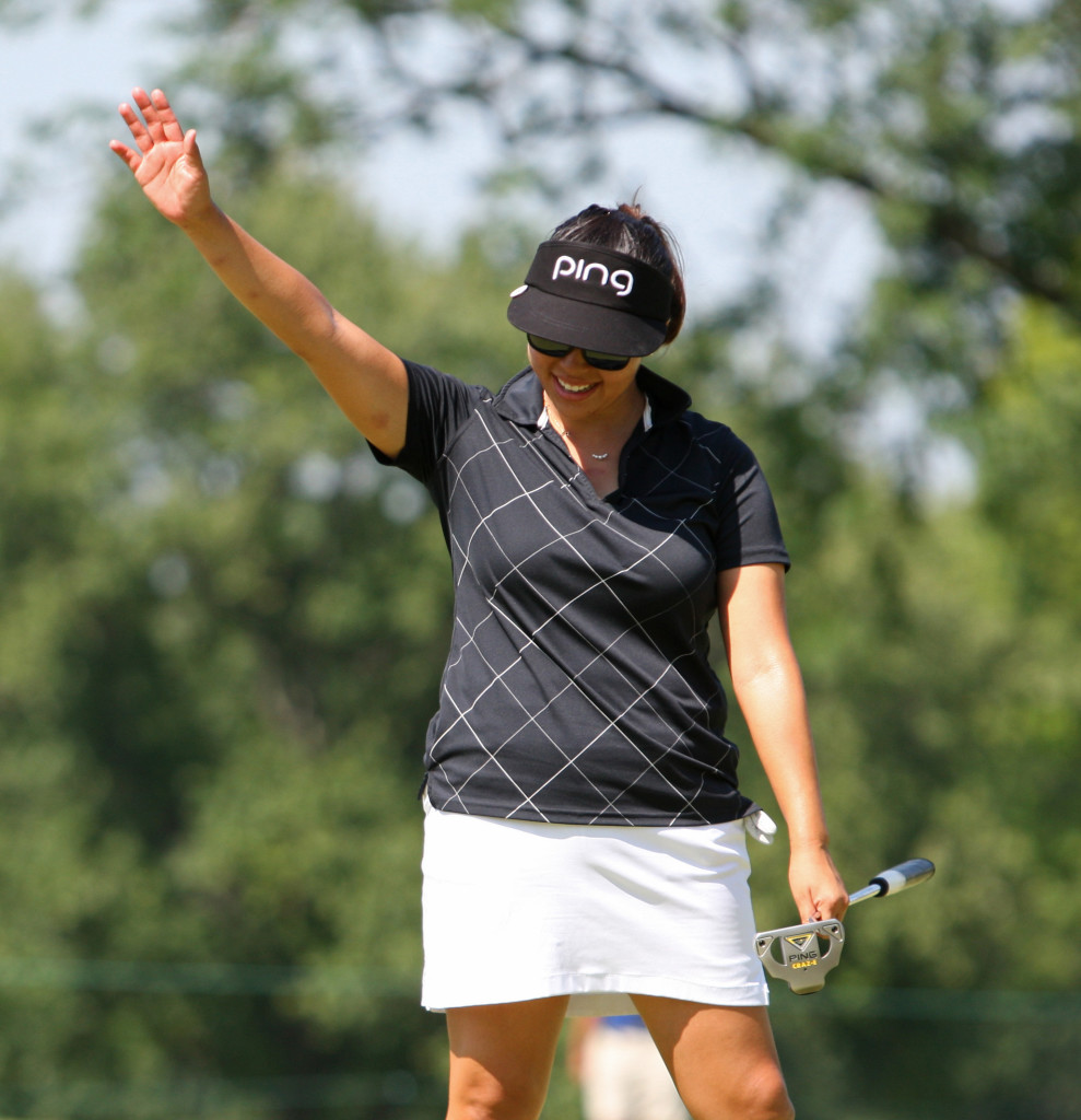 Jane Park celebrates a long birdie putt on the ninth hole during the third round of play in the U.S. Women's Open at the Lancaster Country Club in Lancaster on Saturday, July 11, 2015. (Photo/Vinny Tennis)