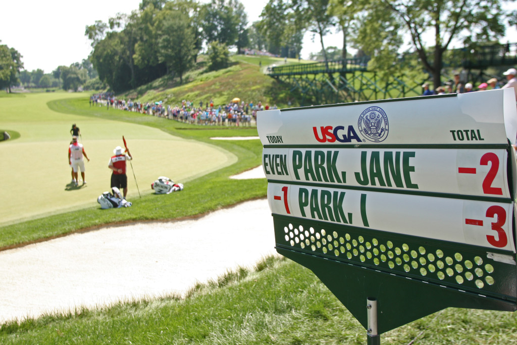Scoreboard of Park and Park on the seventh hole during the third round of play in the U.S. Women's Open at the Lancaster Country Club in Lancaster on Saturday, July 11, 2015. (Photo/Vinny Tennis)