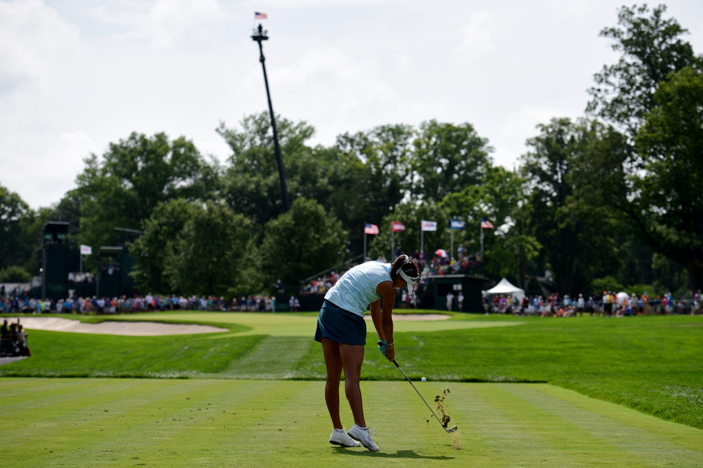 Lexi Thompson tees off on 17 during the first round of the US Women's Open at Lancaster Country Club on Thursday, July 9.