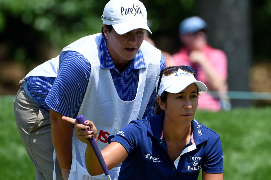 Marina Alex speaks to her caddie before a putt on the 6th hole during Round 2 of the US Women's Open at Lancaster Country Club on Friday, July 10. (Casey Kreider/LNP)