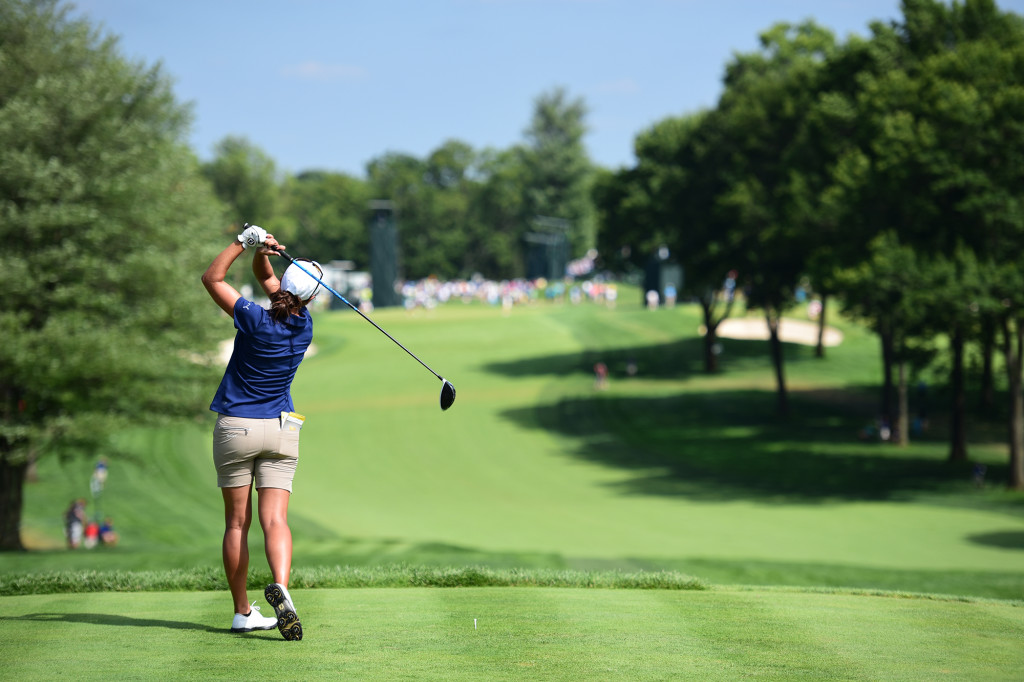 Marina Alex tees off from the fourteenth hole during Round 2 of the US Women's Open at Lancaster Country Club on Friday, July 10. (Casey Kreider/LNP)