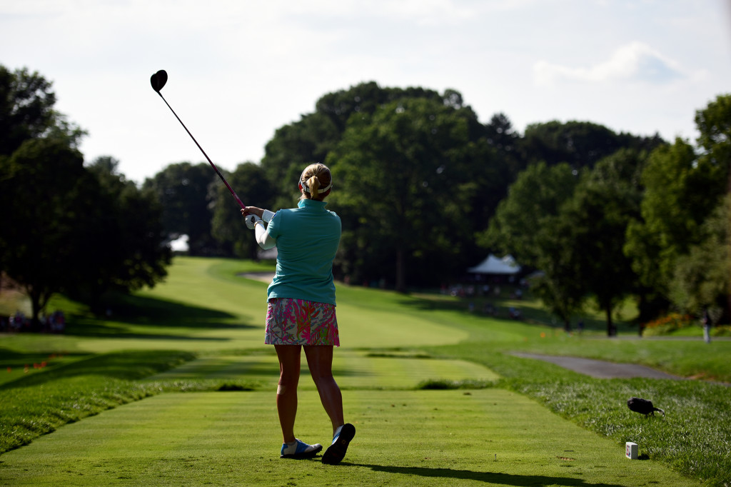 Morgan Pressel tees off on the 13th hole during Round 2 of the US Women's Open at Lancaster Country Club on Friday, July 10. (Casey Kreider/LNP)
