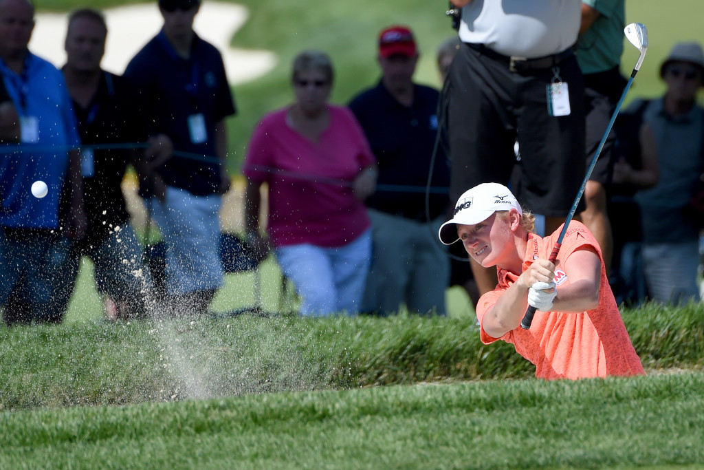 Stacy Lewis chips from a bunker on the eighth hole during Round 3 of the US Women's Open at Lancaster Country Club on Saturday, July 11.